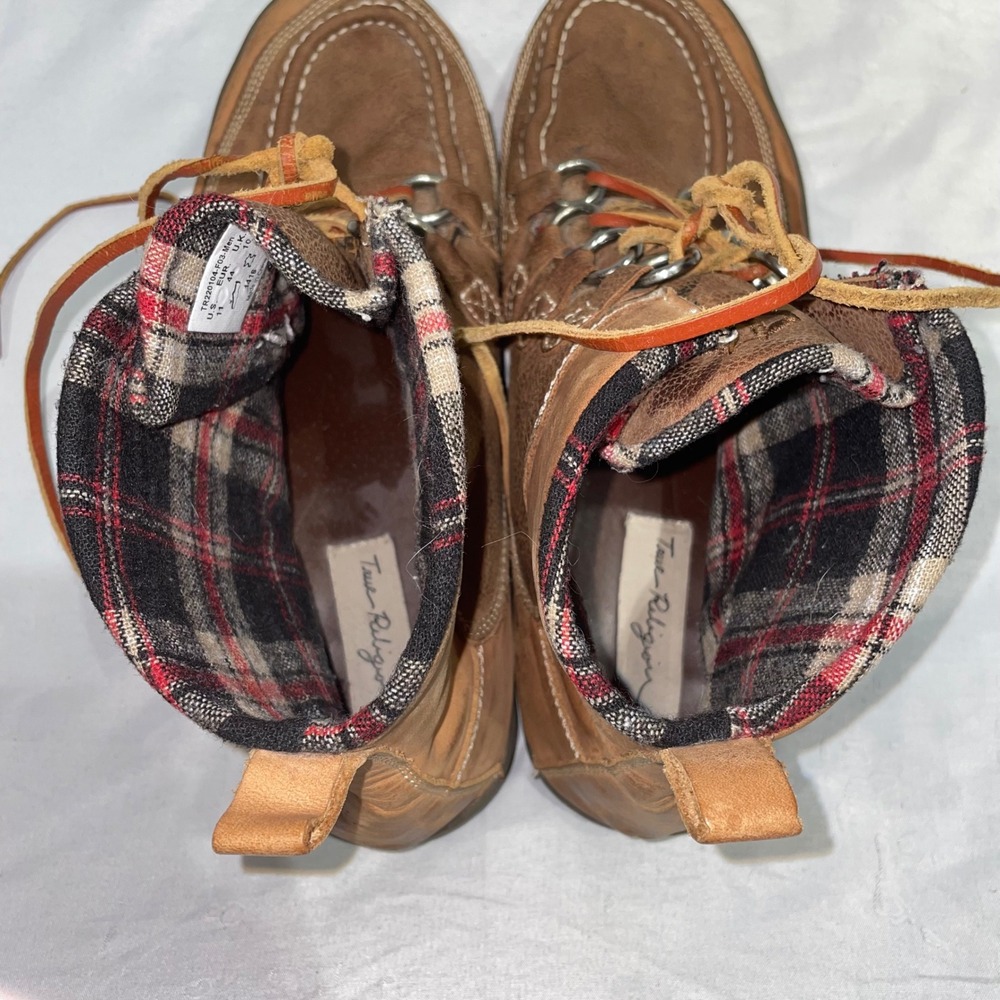 True Religion Mens Leather Moc Toe Boots Brown Plaid Lined‎ TR220104-F03 Size 11 - Picture 7 of 9